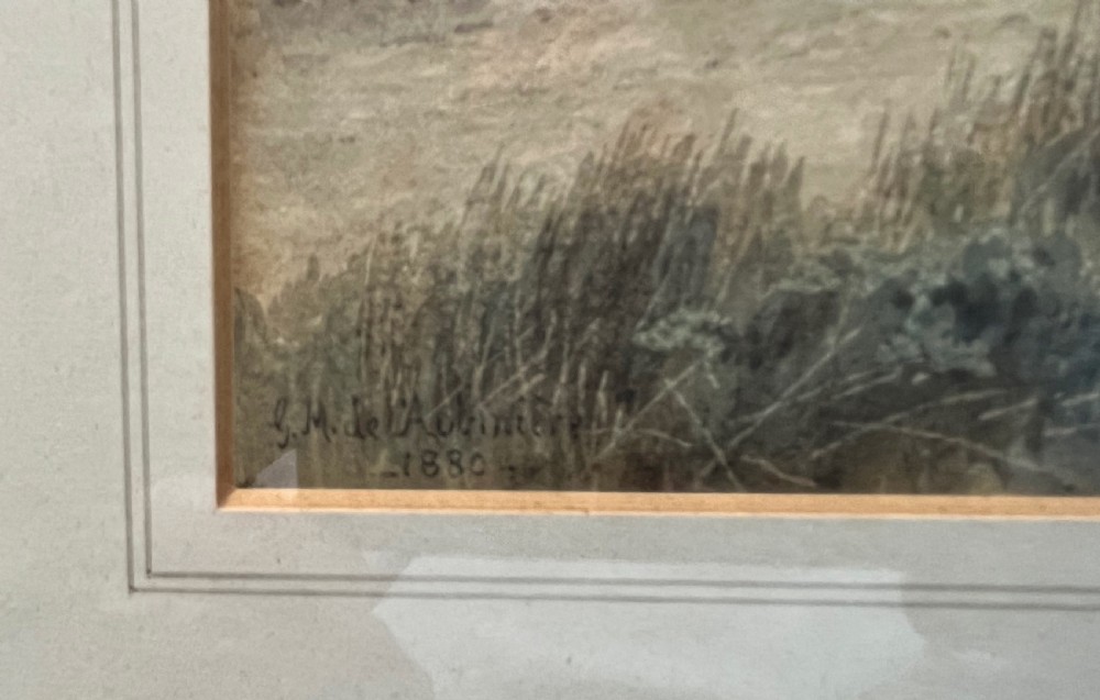 An antique framed watercolour painting depicting sand dunes in the foreground and distant sailboats on a calm sea under an overcast sky. View II