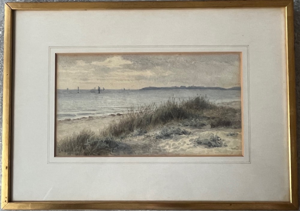 An antique framed watercolour painting depicting sand dunes in the foreground and distant sailboats on a calm sea under an overcast sky. View IV