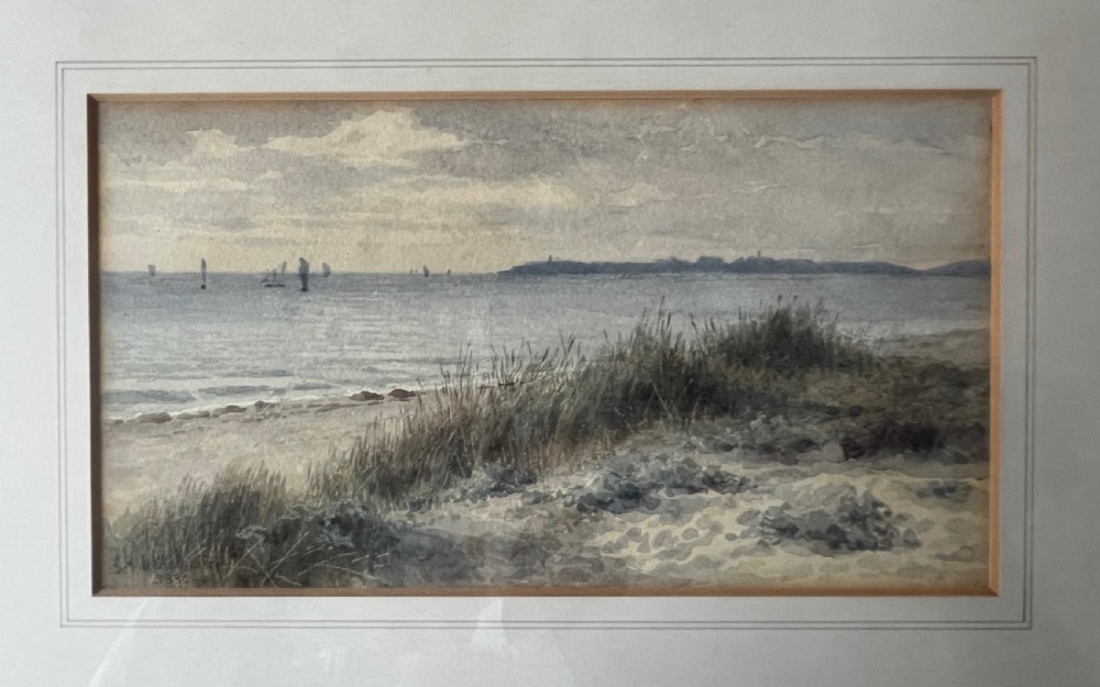 An antique framed watercolour painting depicting sand dunes in the foreground and distant sailboats on a calm sea under an overcast sky. View VI