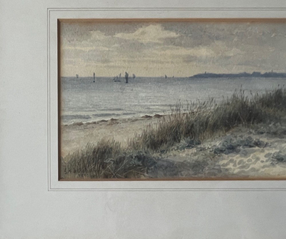 An antique framed watercolour painting depicting sand dunes in the foreground and distant sailboats on a calm sea under an overcast sky. View VII