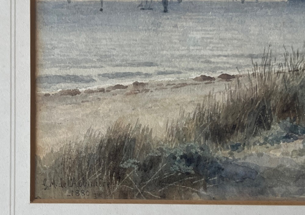An antique framed watercolour painting depicting sand dunes in the foreground and distant sailboats on a calm sea under an overcast sky. View VIII