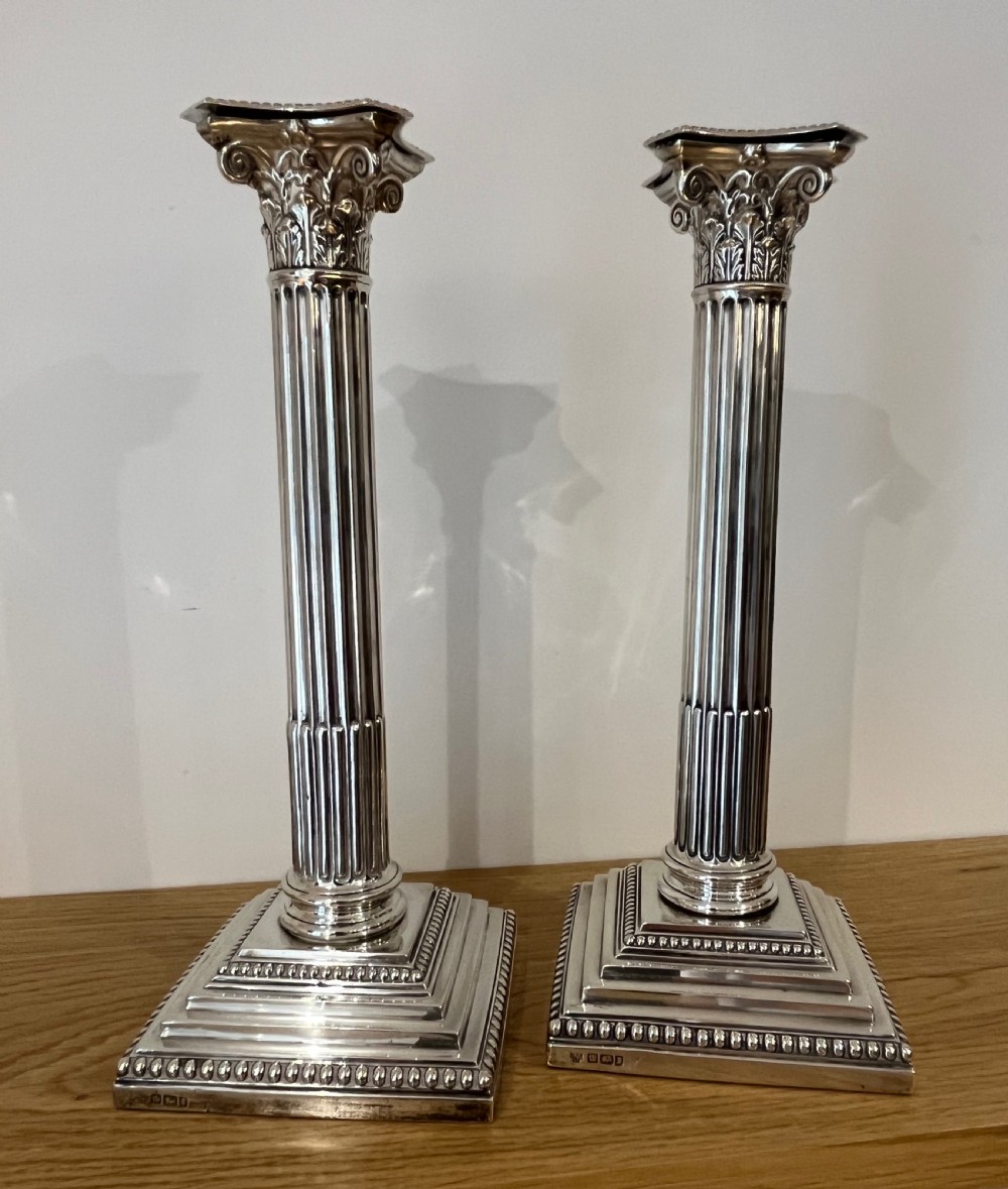 Pair of Edwardian (1903) Silver Corinthian Column Candlesticks