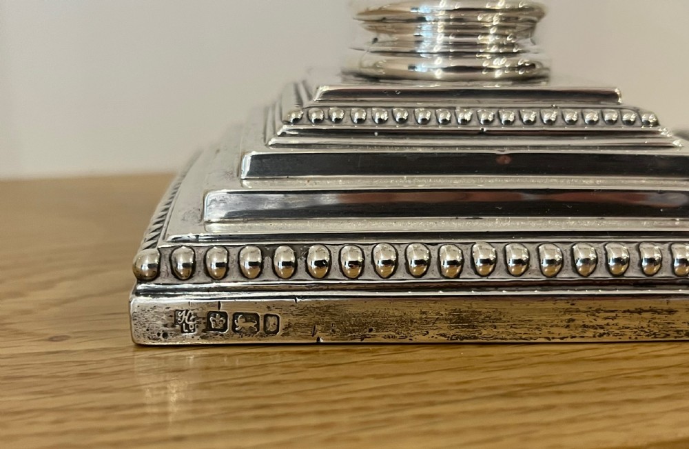 Pair of Edwardian (1903) Silver Corinthian Column Candlesticks View II