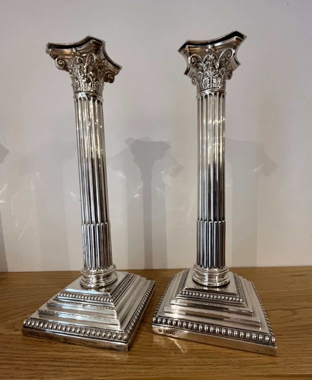 Pair of Edwardian (1903) Silver Corinthian Column Candlesticks View IV