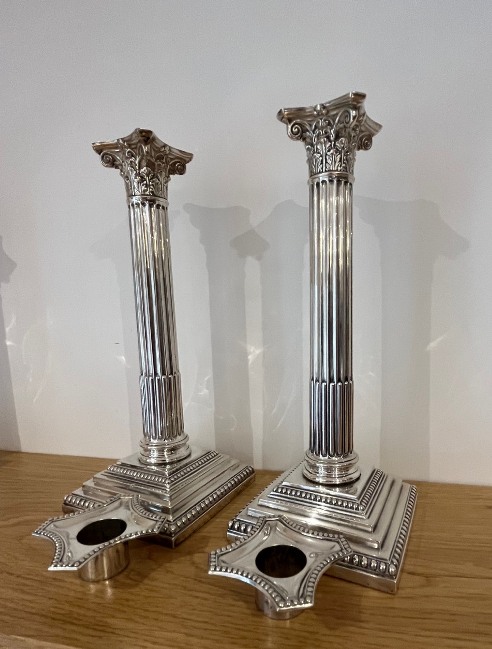 Pair of Edwardian (1903) Silver Corinthian Column Candlesticks View V