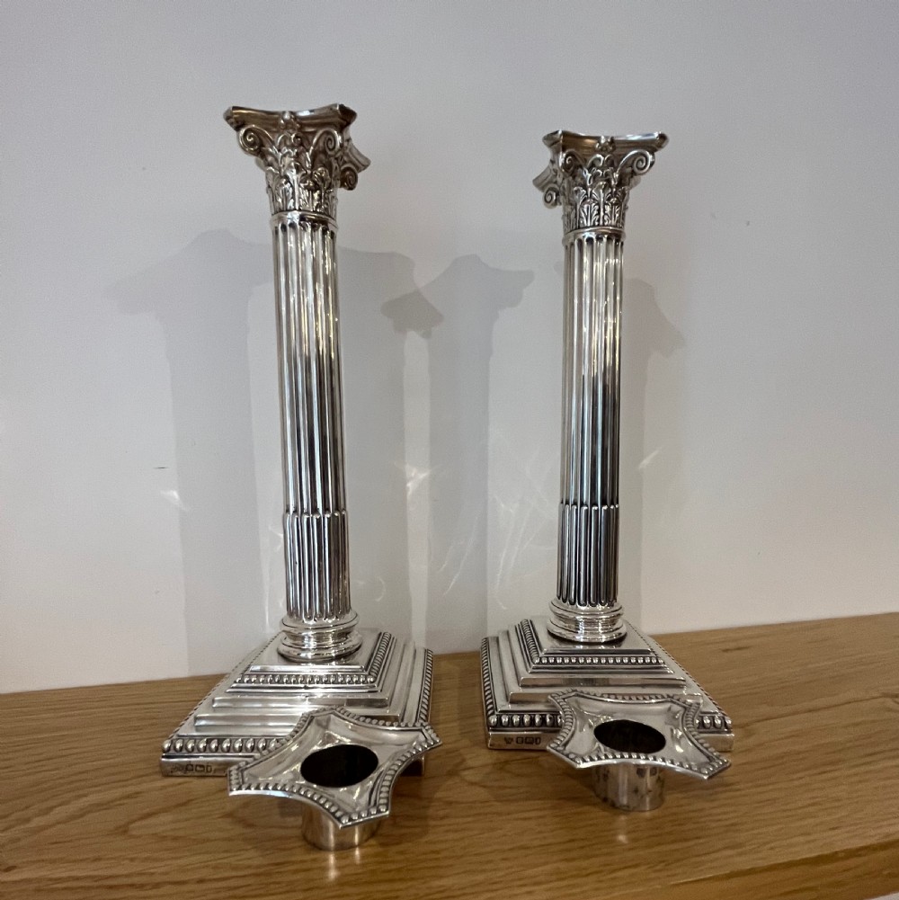 Pair of Edwardian (1903) Silver Corinthian Column Candlesticks View VI