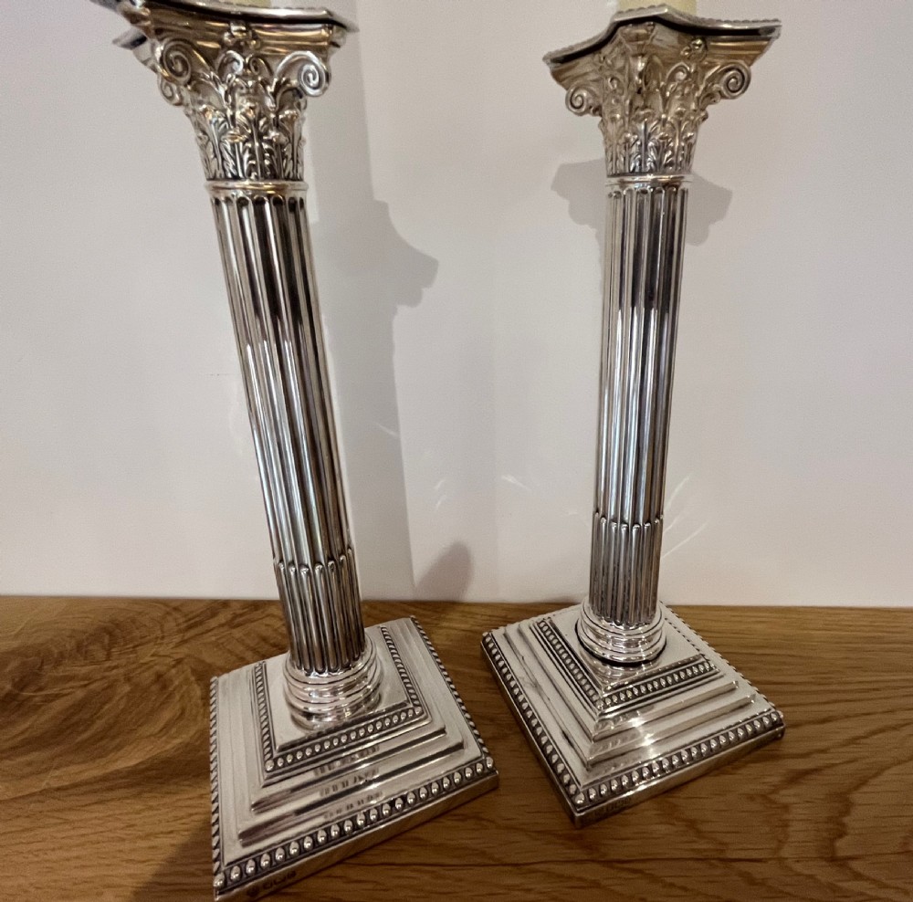 Pair of Edwardian (1903) Silver Corinthian Column Candlesticks View VIII