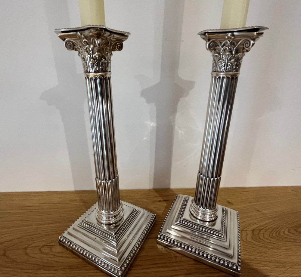 Pair of Edwardian (1903) Silver Corinthian Column Candlesticks View IX