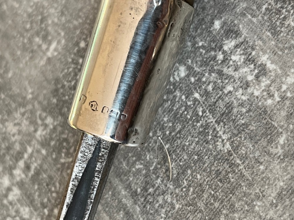 An Edwardian silver-mounted sword stick with a curved crook handle, silver collar bearing London hallmarks, and a partially unsheathed steel blade. View VI