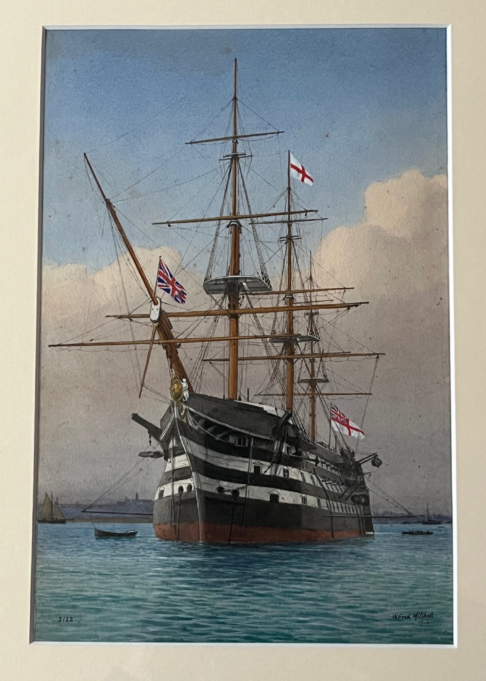 A framed 19th-century watercolour painting depicting the historic naval ship HMS Victory at sea, housed in a giltwood frame with a cream mount. View II
