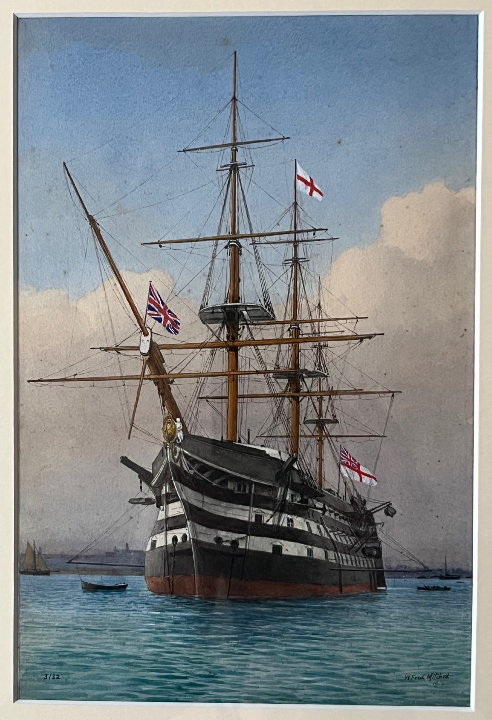 A framed 19th-century watercolour painting depicting the historic naval ship HMS Victory at sea, housed in a giltwood frame with a cream mount. View III
