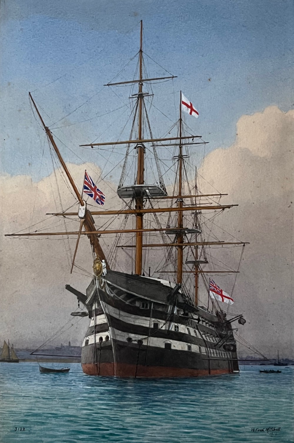 A framed 19th-century watercolour painting depicting the historic naval ship HMS Victory at sea, housed in a giltwood frame with a cream mount. View VII