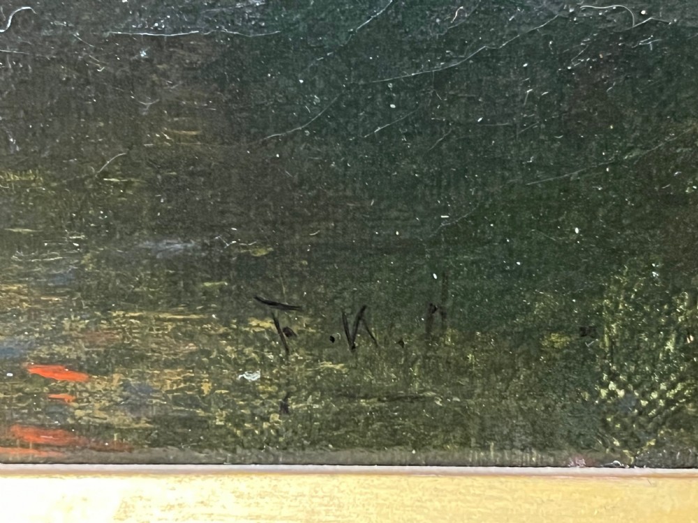 An antique framed oil painting depicting a tranquil river Thames scene with a figure in a boat, swans near a boathouse, and a riverbank estate beneath a glowing sky. View VI