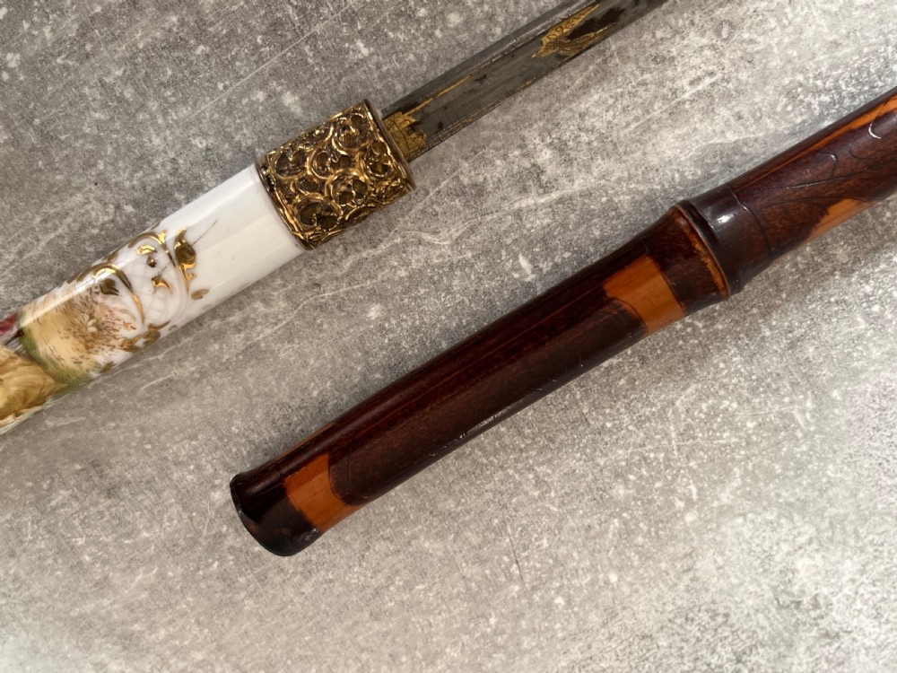 Rare Porcelain Handled Gilt Mounted Bamboo Sword Stick View XII