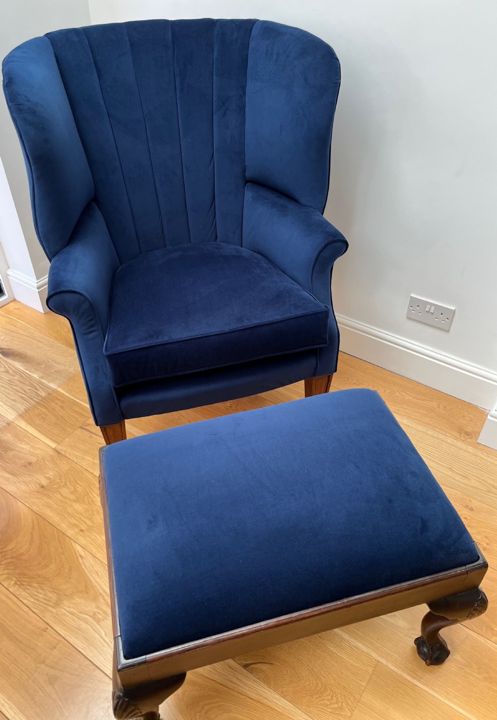 Restored & Re-upholstered Barrel Back Armchair & Stool