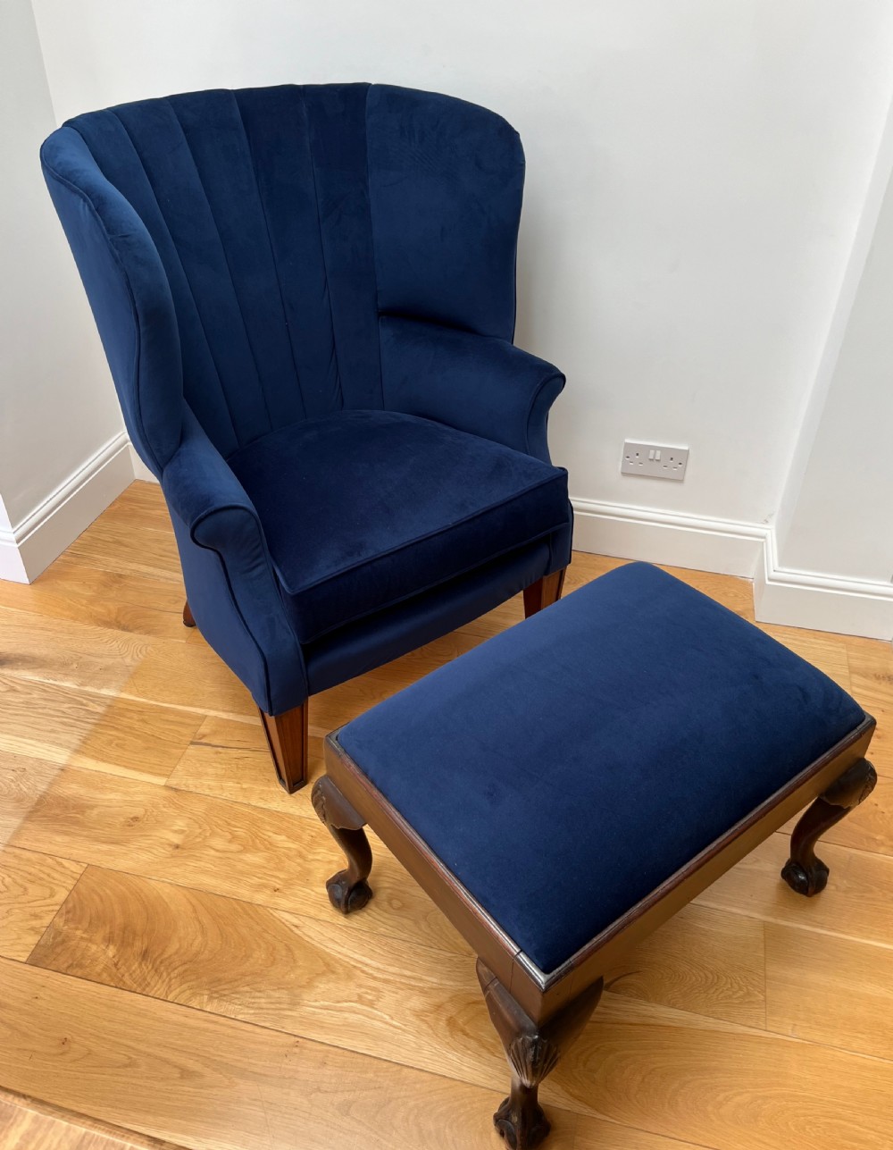 Restored & Re-upholstered Barrel Back Armchair & Stool View XI