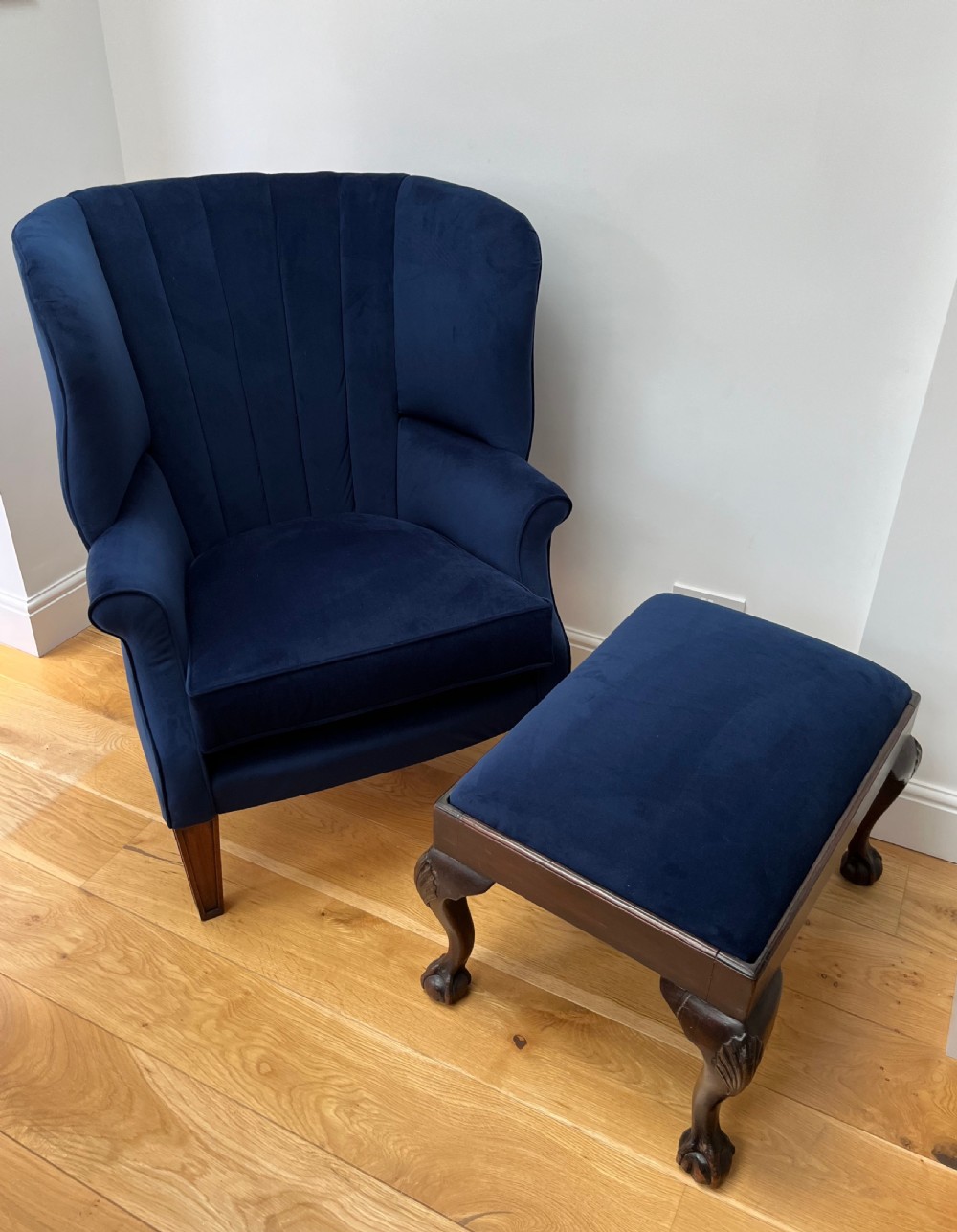 Restored & Re-upholstered Barrel Back Armchair & Stool View XII