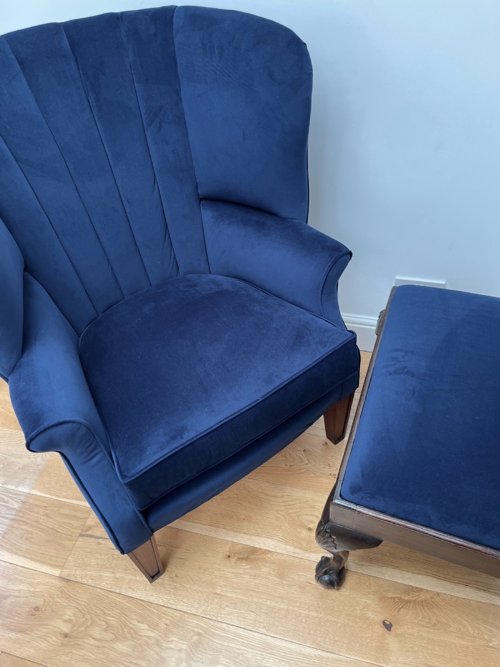 Restored & Re-upholstered Barrel Back Armchair & Stool View XIII
