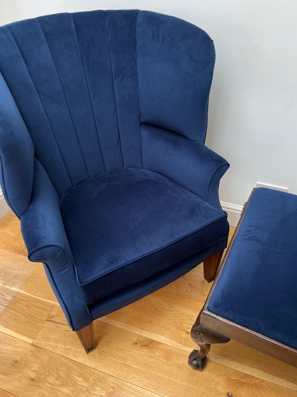 Restored & Re-upholstered Barrel Back Armchair & Stool View XIV