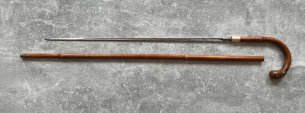Large Crook Handled Bamboo Sword Stick by Brigg with Gold Collar View X