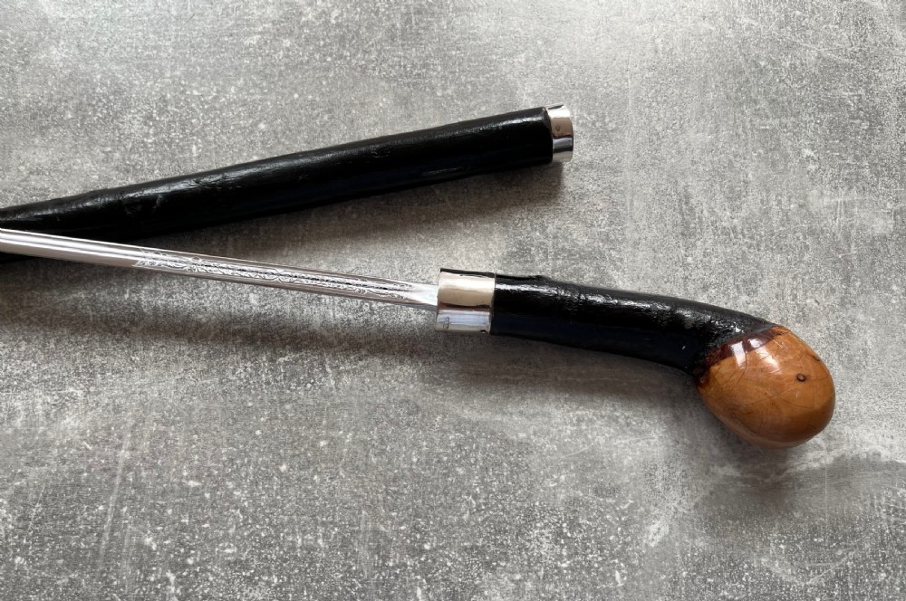 Blackthorn Root Handled Sword Stick with Silver Mounts and a Wilkinson Blade View III