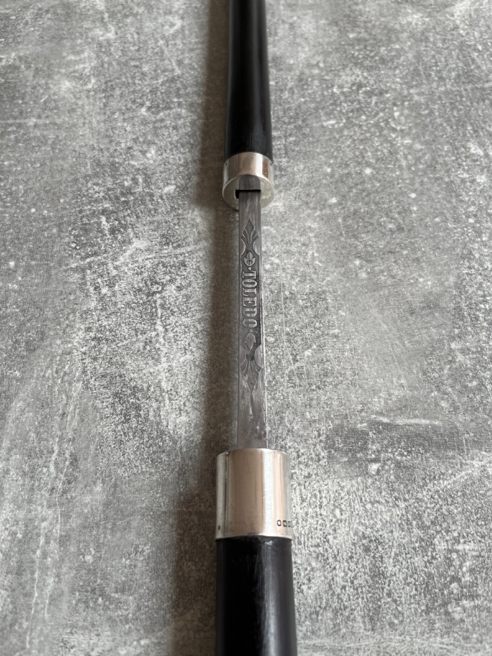 Crook Handled Malacca Sword Stick with Silver Mounts and a Toledo Blade View XIII