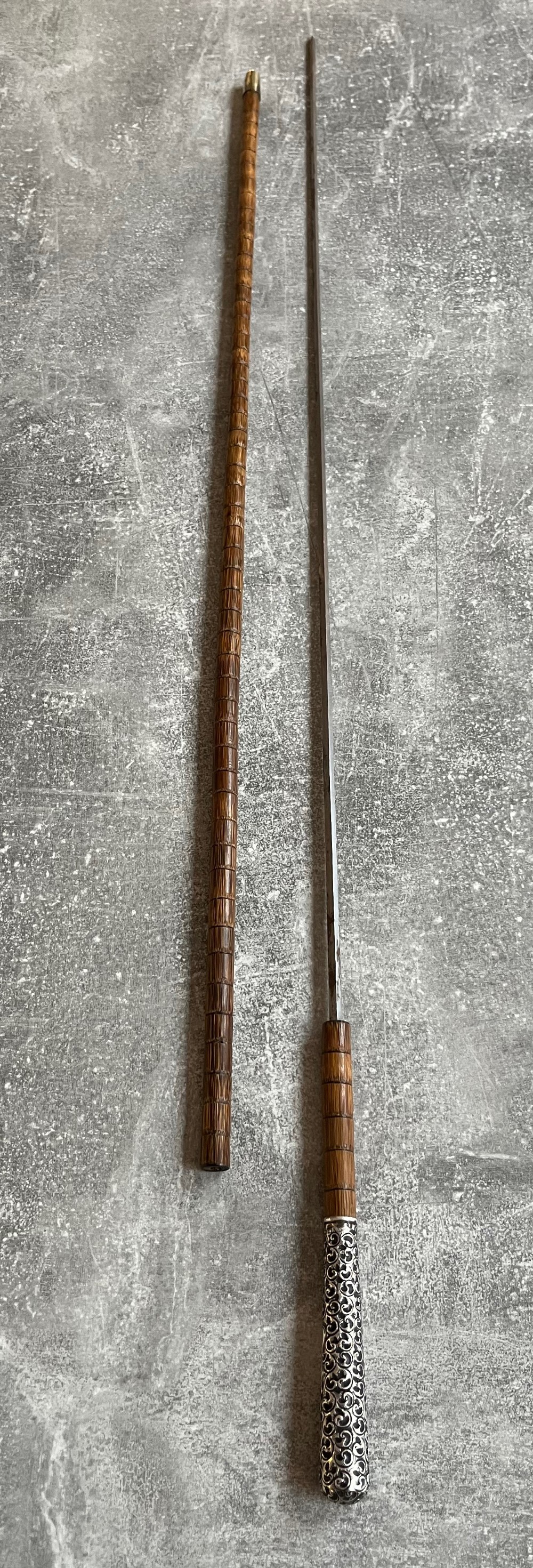 Edwardian Malacca Sword Cane with Silver Repousse Handle