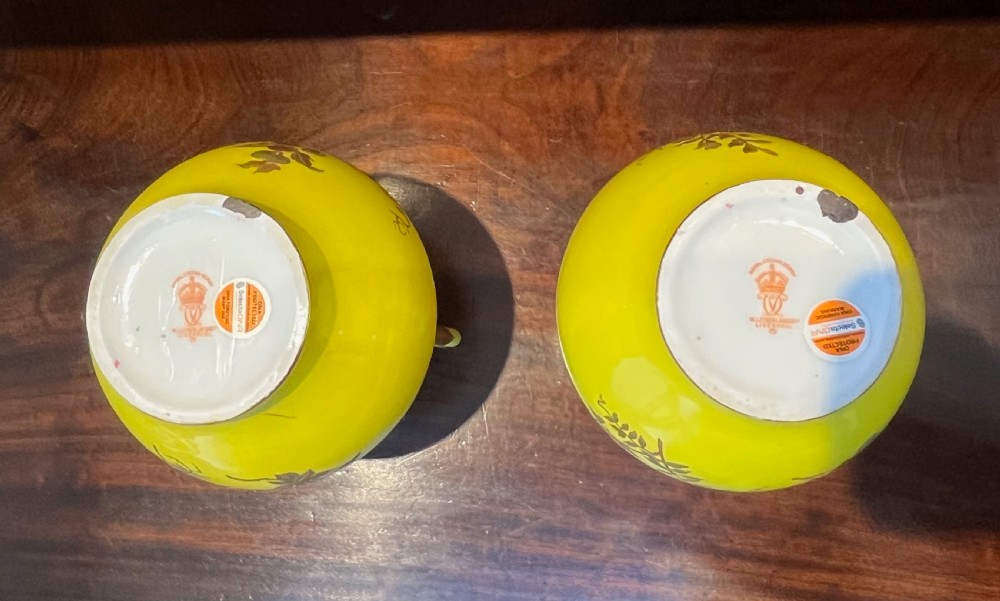 A pair of yellow porcelain ewers with gilded floral decoration, narrow necks, and single handles. View XII