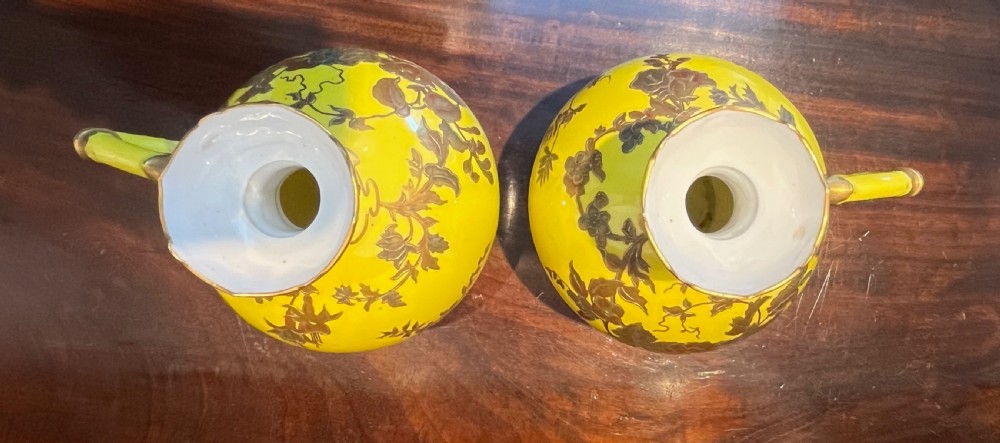 A pair of yellow porcelain ewers with gilded floral decoration, narrow necks, and single handles. View XIII