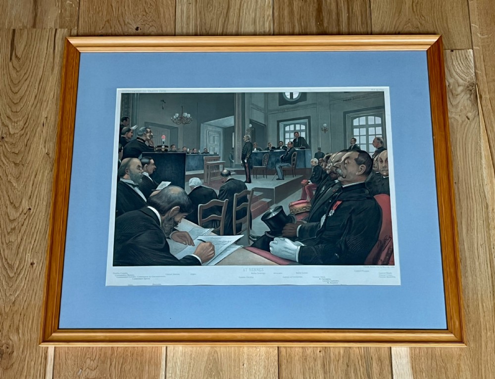 A framed late Victorian lithographic print entitled Bench and Bar featuring a crowd of barristers and judges in traditional wigs and gowns framed in light wood with a burgundy mount. View VII