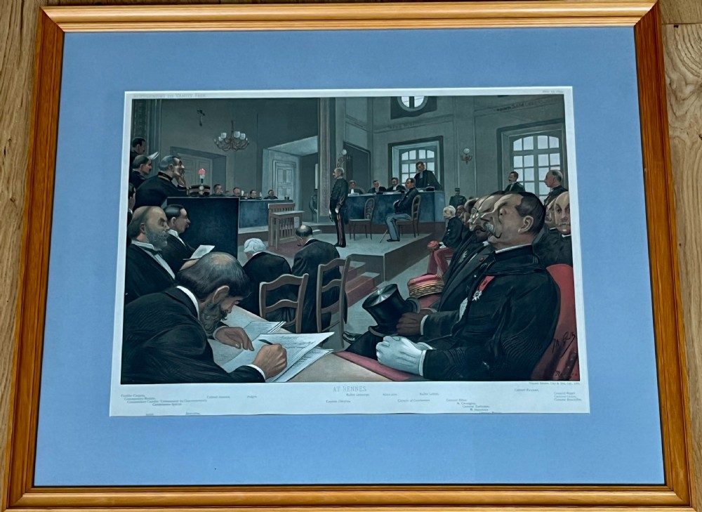 A framed late Victorian lithographic print entitled Bench and Bar featuring a crowd of barristers and judges in traditional wigs and gowns framed in light wood with a burgundy mount. View IX