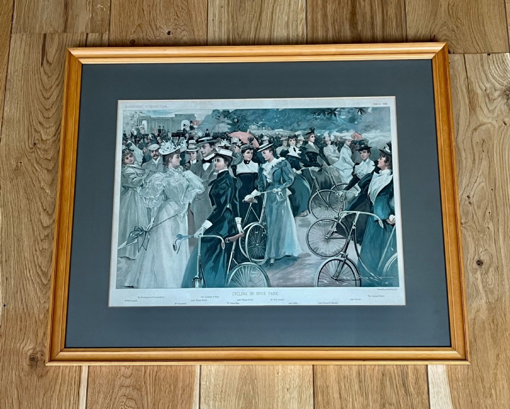 A framed Victorian colour lithograph depicting an equestrian crowd in Hyde Park London set within a light wood frame and wash line mount. View IV