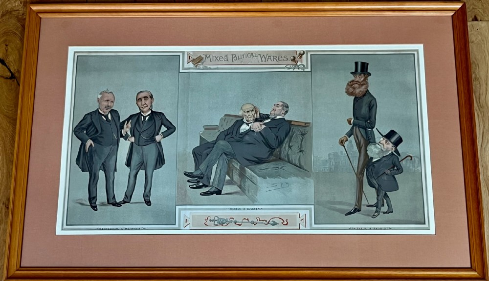 A framed 19th-century Vanity Fair chromolithograph featuring political caricatures by Spy set within a terracotta mount and wooden frame. View II
