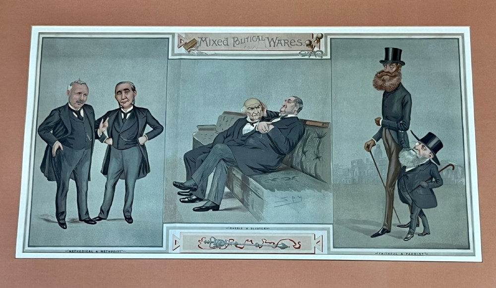 A framed 19th-century Vanity Fair chromolithograph featuring political caricatures by Spy set within a terracotta mount and wooden frame. View III