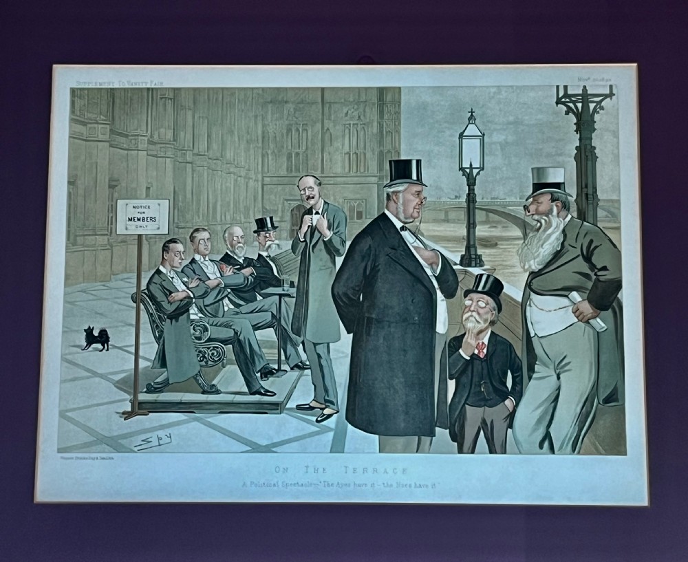 A framed 19th-century Vanity Fair chromolithograph featuring political caricatures by Spy set within a terracotta mount and wooden frame. View VIII
