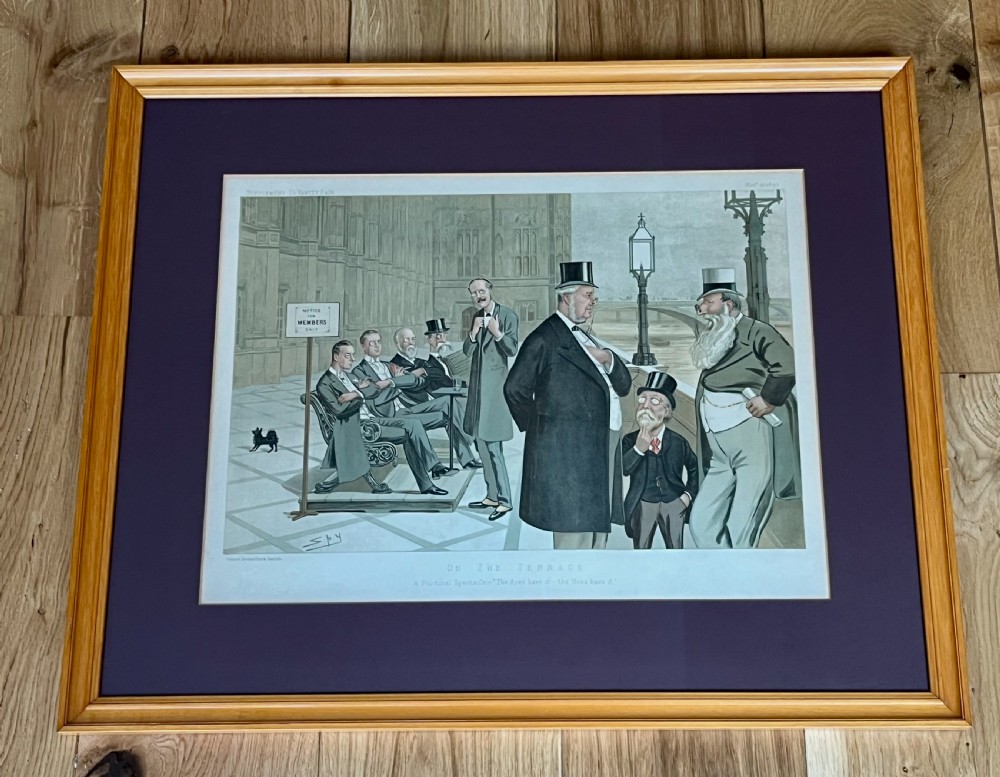 A framed 19th-century Vanity Fair chromolithograph featuring political caricatures by Spy set within a terracotta mount and wooden frame. View IX