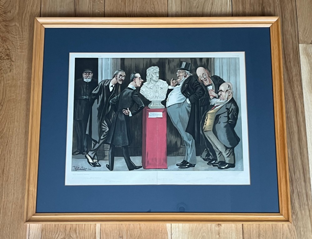 A framed 19th-century Vanity Fair chromolithograph featuring political caricatures by Spy set within a terracotta mount and wooden frame. View XIII