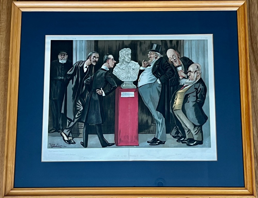 A framed 19th-century Vanity Fair chromolithograph featuring political caricatures by Spy set within a terracotta mount and wooden frame. View XV