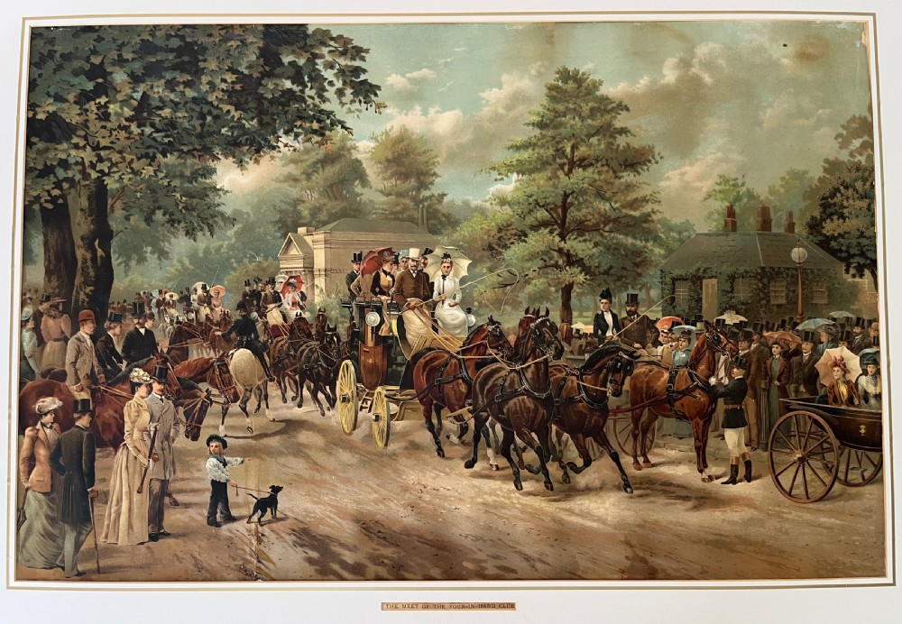 A framed 1885 colour lithograph titled The Meet of the Four-in-Hand Club depicting Victorian figures, horse-drawn carriages, and spectators in a park setting. View III