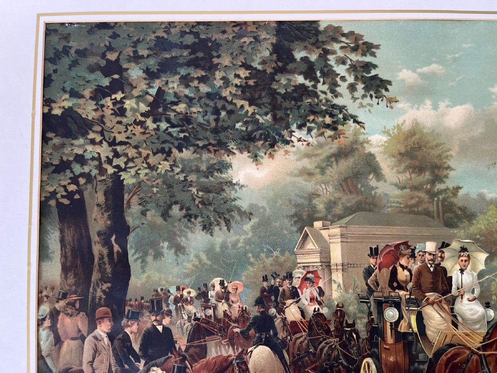 A framed 1885 colour lithograph titled The Meet of the Four-in-Hand Club depicting Victorian figures, horse-drawn carriages, and spectators in a park setting. View V