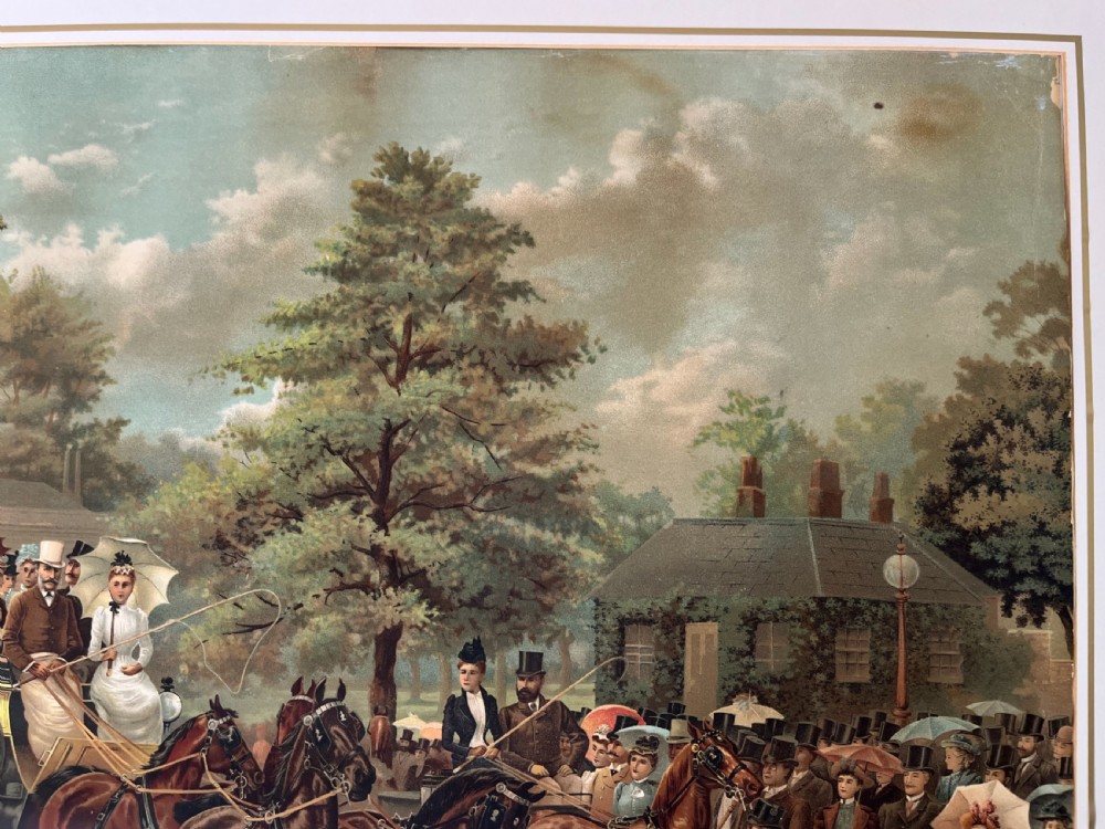 A framed 1885 colour lithograph titled The Meet of the Four-in-Hand Club depicting Victorian figures, horse-drawn carriages, and spectators in a park setting. View VI