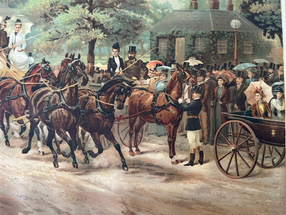 A framed 1885 colour lithograph titled The Meet of the Four-in-Hand Club depicting Victorian figures, horse-drawn carriages, and spectators in a park setting. View VII