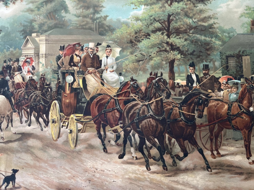 A framed 1885 colour lithograph titled The Meet of the Four-in-Hand Club depicting Victorian figures, horse-drawn carriages, and spectators in a park setting. View VIII