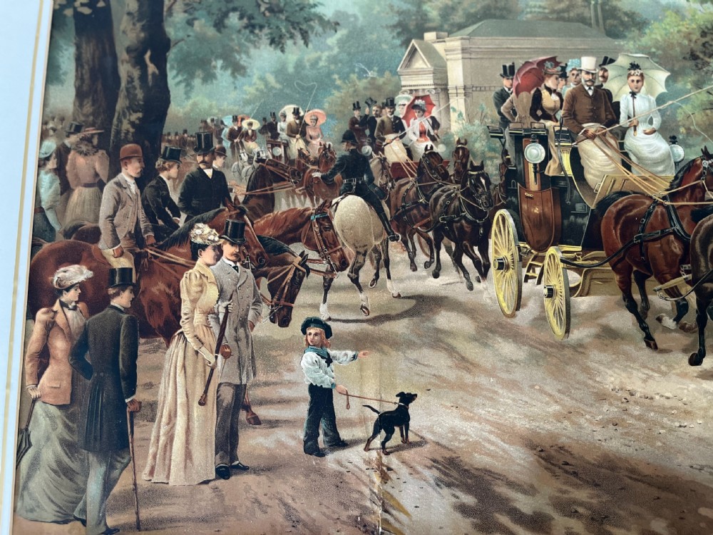 A framed 1885 colour lithograph titled The Meet of the Four-in-Hand Club depicting Victorian figures, horse-drawn carriages, and spectators in a park setting. View IX