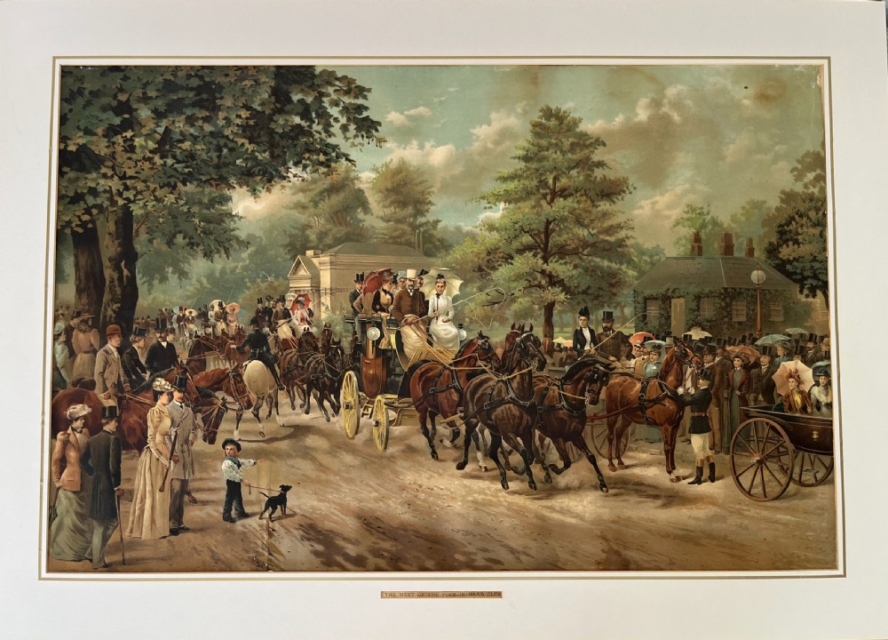 A framed 1885 colour lithograph titled The Meet of the Four-in-Hand Club depicting Victorian figures, horse-drawn carriages, and spectators in a park setting. View X