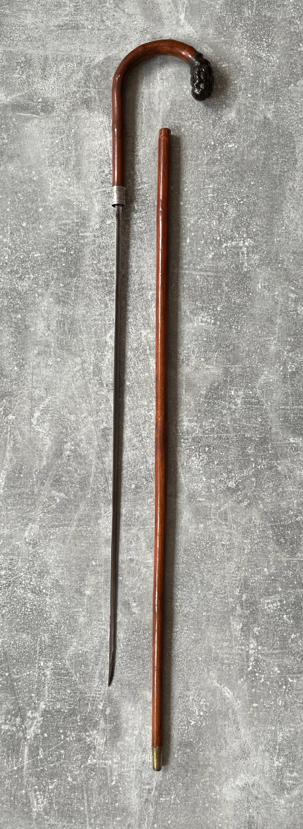 Slim Crook Handled Malacca Sword Stick Silver Collar