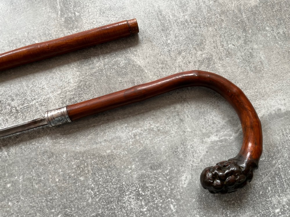 Slim Crook Handled Malacca Sword Stick Silver Collar View III