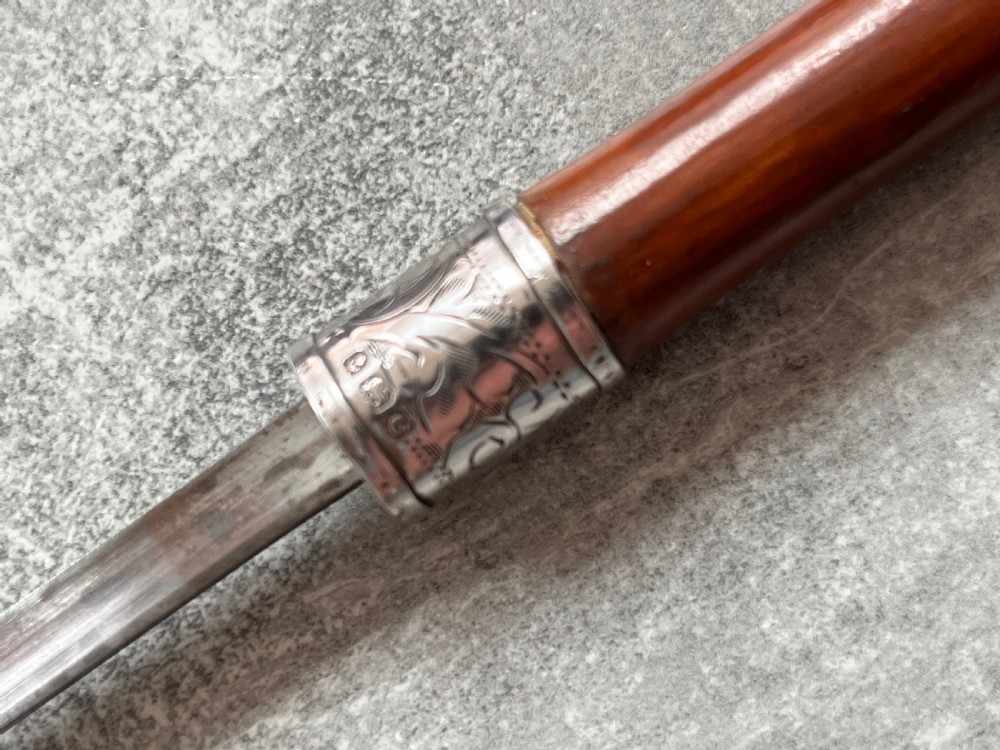 Slim Crook Handled Malacca Sword Stick Silver Collar View IV