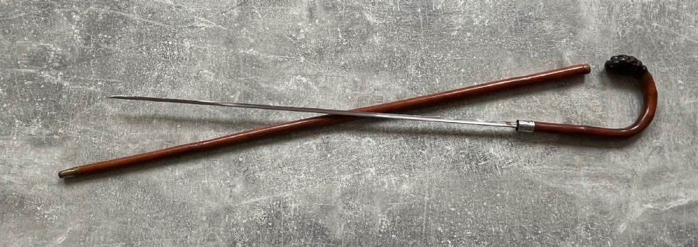 Slim Crook Handled Malacca Sword Stick Silver Collar View V