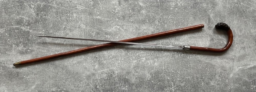 Slim Crook Handled Malacca Sword Stick Silver Collar View X